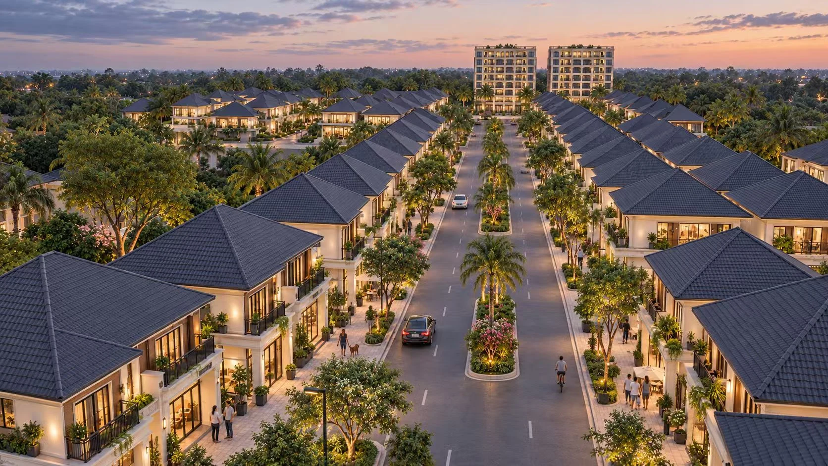The landscaped avenue at dusk